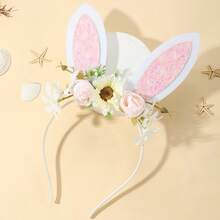 1 Set Fresh Cream Flower & Pink Lace Textured Glitter Easter Headband, Popular For Party, Vacation, Photo Shoot - Multicolor - View 4