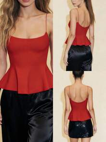 Women's Summer Tops Spaghetti Strap Backless Casual Outfits Sleeveless Shirts Slim Fit Peplum Tank Top Going Out  Outfit - Đỏ - Xem 8