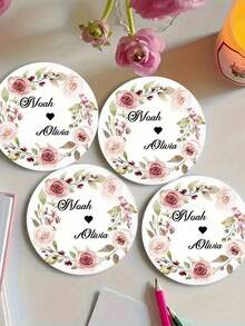 1/2/4/6/10 Pc  Personalized Custom Names: Handmade Round Wooden Coasters, Wedding Coasters | Custom Name Wreath Design, Ideal For Weddings, Table Decorations, Wedding Favors, Gifts, And Valentine's Day Decorations - Beige - View 6