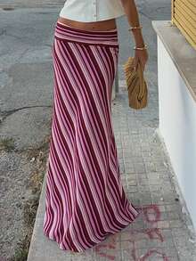 条纹半身裙，腰部设计，缎面垂褶，复古法式风格显瘦半身裙，适合度假、海滩和夏季日常穿着。 - 彩色 - 查看 6