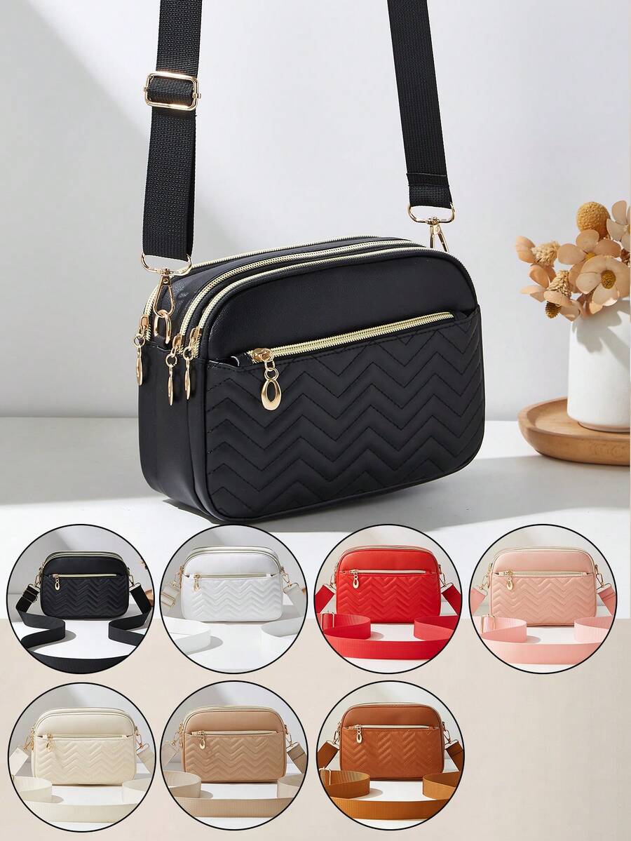 1pc Girls' Quilted Embroidered Crossbody Bag, Shoulder Bag, Coin Purse, Square Bag, Multi-Zipper, Fashion & Versatile, Ideal Gift - M2173 - View 1