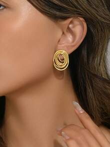1 Pair Minimalist Vintage Exaggerated Oval Spiral Design Stainless Steel Stud Earrings, Perfect For Women's Daily Wear, Party Outfits And Holiday Gifts - Gold - View 9