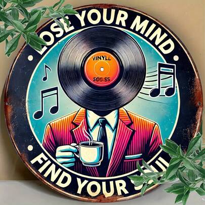 1件复古黑胶唱片与咖啡音乐金属铁皮招牌 - “迷失自我，寻回灵魂”家居、咖啡馆、酒吧装饰海报 - 复古艺术，8x8英寸圆形铁牌，款式如图所示
