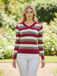 Women's Striped Sweater Blouse | Women's Long-Sleeved Striped Blouse | Striped V-Neck Blouse - 紅/焦糖色 - 查看 2