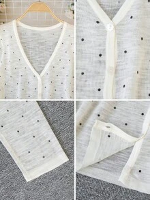 女士波点V领长袖针织罩衫，轻薄透气，休闲甜美，春夏款 - 杏色 - 查看 10