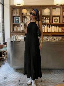 2026春夏新款优雅休闲百搭露背吊带米色连衣裙，适合约会、日常穿着、派对、度假、海滩、婚礼等场合，黑色款。 - 黑色 - 查看 3