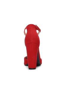 Women Ankle Strap Chunky Heel High Heels Pumps Closed Pointed Toe Fashionable Elegant Wedding Pump Shoes - Đỏ - Xem 9