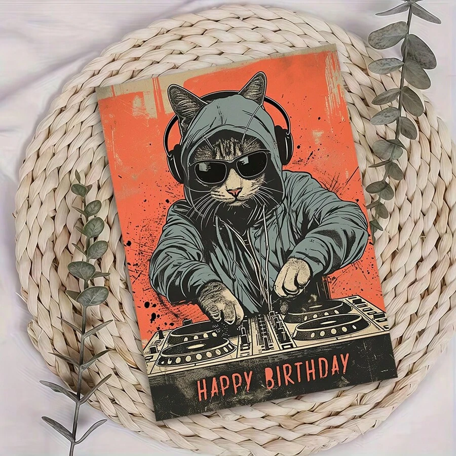 1 felicitare veselă "Felicitare de ziua de naștere cu pisică DJ cool" – fundal retro portocaliu și negru, ilustrație îndrăzneață a unei pisici DJ cu hanorac și ochelari la modă, tipografie îndrăzneață "La mulți ani", felicitare de ziua de naștere cu plic, interior gol pentru notițe personale, cadou perfect pentru iubitorii de pisici, fanii muzicii, prieteni și familie pentru a sărbători zilele de naștere cu farmec jucăuș, felicitare încântătoare care îmbină stilul street art cu umorul festiv. - O singură bucată - Vizualizare 1