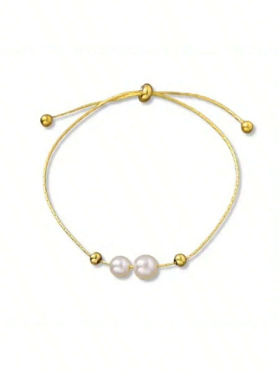 Fashion Stainless Steel Bracelet, With Imitation Pearl Details - Fashionable And Simple Design, Suitable For Daily Wear Or Formal Occasions - 金色的 - 查看 1