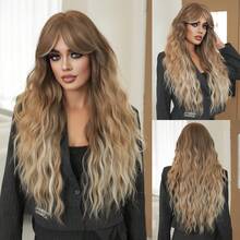 7JHH WIGS Ombre Brown Extra Long Wave Wigs For Women 28 Inch Extra Long Wavy Wig With Side Curtain Bangs, Heat Resistant Fiber Hair Synthetic Curly Wig For Daily & Music Festival Party Wear, Halloween Cosplay Costume Use Fashion Wig Accessories - 漸層棕色 - 查看 8