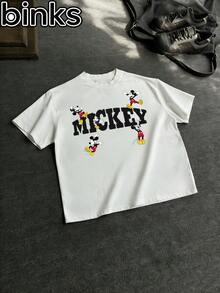 Disney Binks (Double-Sided Printing): Mickey Mouse, Minnie Mouse Elements Cartoon Printed Short Sleeved T-Shirt, High Street  Brand Loose Short Sleeved T-Shirt. Spring And Summer Fashionable Versatile Top, Holiday Gift, Vintage Print. - White - View 2