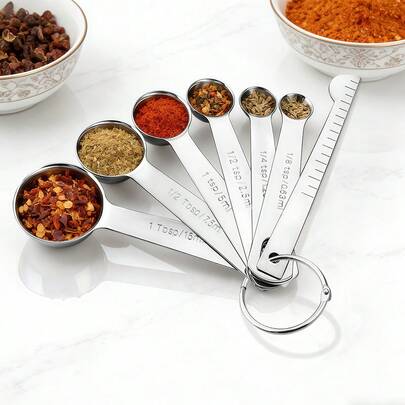 7pcs Metal Measuring Spoons Set, Stainless Steel Baking Measuring Spoons With Leveler, Dual Metric & US Units, Suitable For Measuring Dry & Wet Ingredients, Convenient Storage, Ideal For Cooking, Baking, Home Kitchen, Kitchen Tools, Baking Supplies, Apartment Essentials, Fits Spice Jars