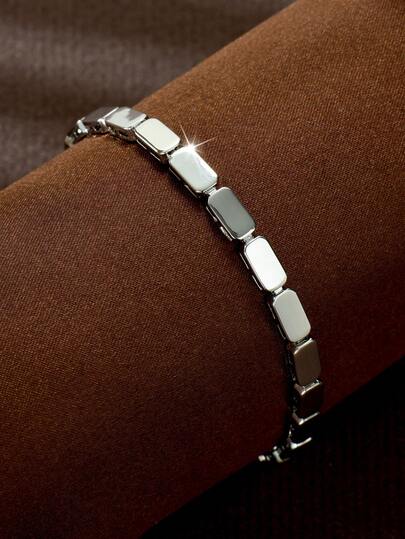 1pc Minimalist Geometric Patchwork Bracelet, 18K White Gold Plated With Zirconia Stone, Featuring Smooth Rectangular Metal Blocks As The Core Element, Suitable For Women's Business Occasions