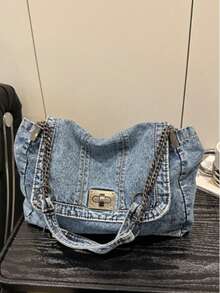 Winter New Fashion Classic Joker Solid Color Retro Wash Jeans Material Metal Chain Shoulder Bag Quilted Embroidery Thread Decoration Design Large-Capacity Shoulder Bag Suitable For Shopping And Outing. - Blue - View 12
