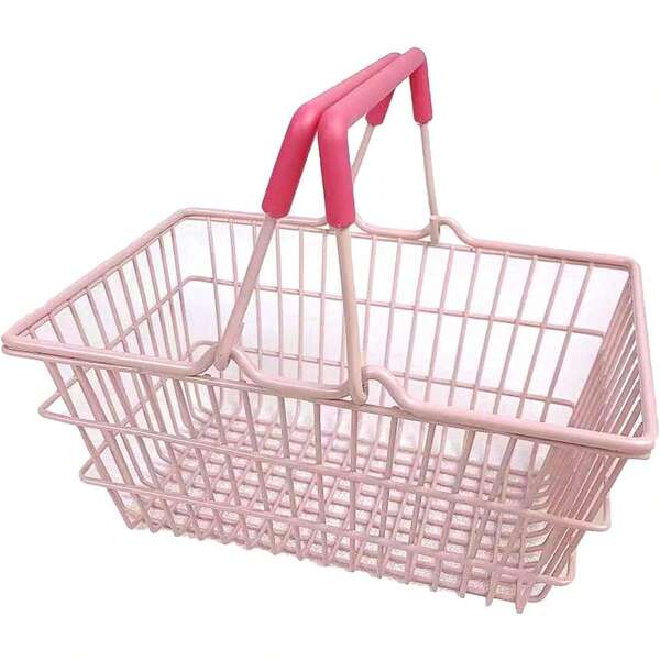 迷你粉色儿童购物篮，便携式铁艺收纳篮，带提手 - 非常适合浴室和厨房收纳，家居装饰点缀