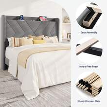 Allewie Full/Queen/King Size Platform Bed Frame With Charging Station And Storage Shelf/Upholstered Velvet Wingback Headboard/Wooden Slats Support/No Box Spring Needed/Easy Assembly, Grey - 灰色 - 查看 7