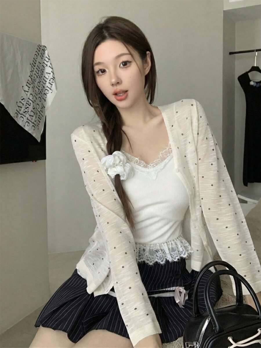 女士波点V领长袖针织罩衫，轻薄透气，休闲甜美，春夏款 - 杏色 - 查看 1