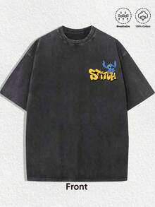 Disney-Cool And Cute Children's Fun Style | Stitch TROUBLE MAKER Theme Men's T-Shirt Soft Skin Friendly Loose Version Daily Versatile Top - 黑色 - 查看 5