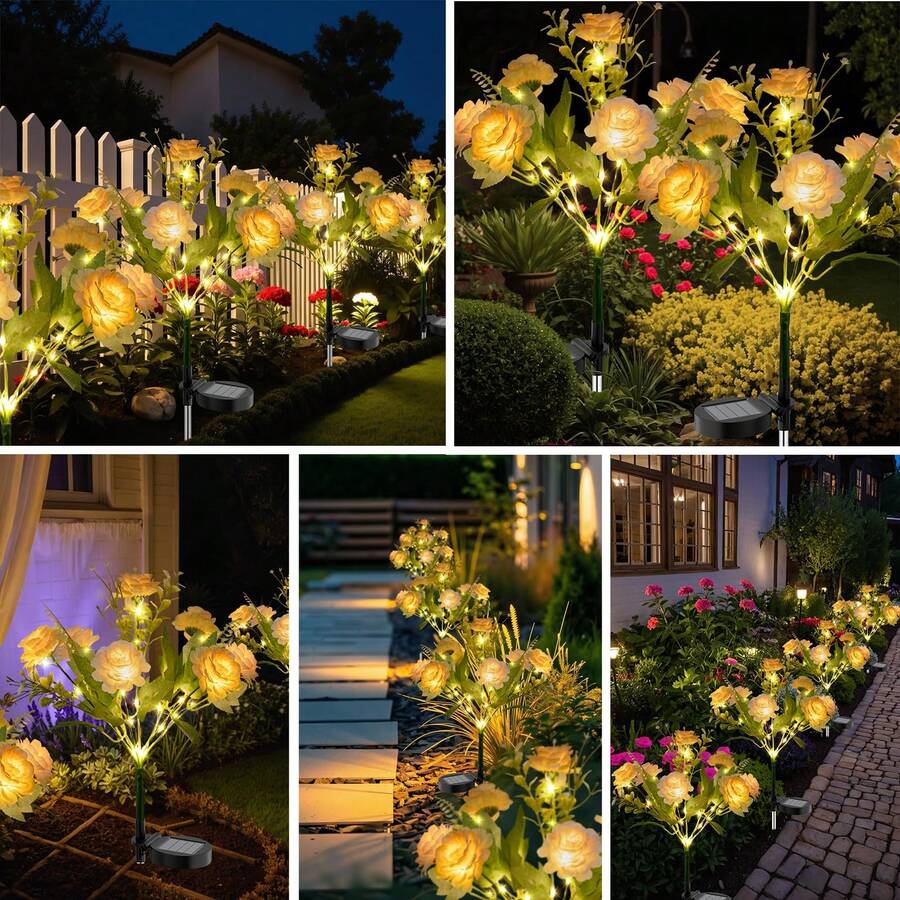 8 Pack Solar Garden Lights Outdoor, 42" Tall 42 LEDs Hibiscus Solar Flower Lights, IP65 Waterproof Decorative Landscape Lighting For Pathway Patio Yard Walkway Decor (Warm White)