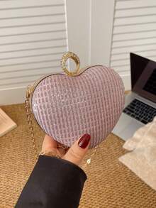 1件装新款小众设计闪亮爱心戒指手提立体小包链条包时尚约会休闲外出单肩斜挎包情人节节日个性化晚餐小包奢华手提包手拿包热门心形链条女士晚宴包 - 粉色 - 查看 6
