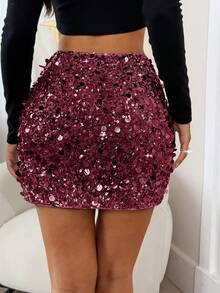 Chân váy mini ôm sát đính sequin gợi cảm và thanh lịch của Unadoll dành cho nữ, thích hợp cho tiệc cocktail, đám cưới, sự kiện, tiệc tùng, ngày Valentine và các dịp khác. - Màu Đỏ Sâu - Xem 3