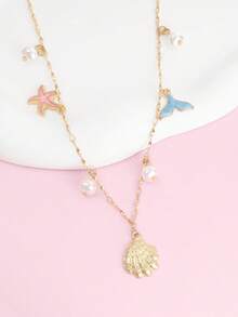 A Cute And Sweet Ocean-Themed Small Shell & Starfish Fashionable Necklace, Suitable For Wearing With Evening Dresses - Gold - View 3