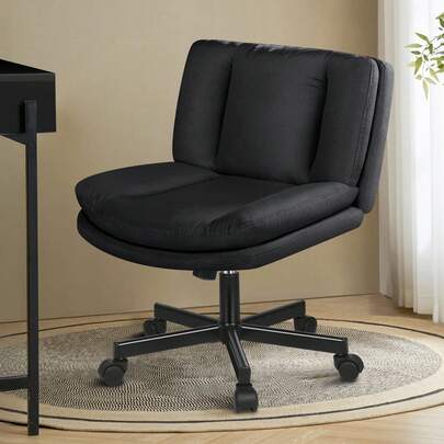ALFORDSON Office Chair With Wide Seat And Crossed Legs, Adjustable Office Chair Without Armrests With Casters, Swivel PC Computer Chair With Crossed Legs For Home, Linen Fabric, Black