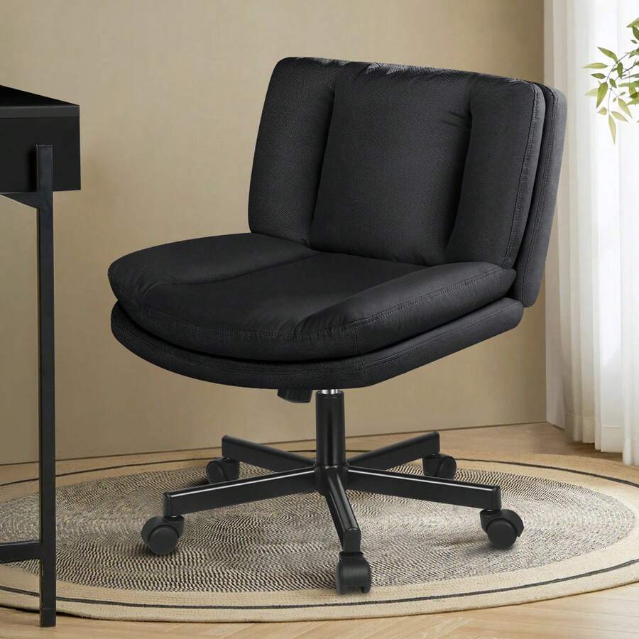 ALFORDSON Office Chair With Wide Seat And Crossed Legs, Adjustable Office Chair Without Armrests With Casters, Swivel PC Computer Chair With Crossed Legs For Home, Linen Fabric, Black - Black - View 1