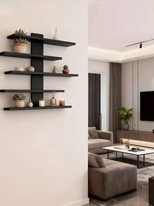 1pc Modern Minimalist No-Drill Easy Install High-Aesthetic Black Floating Shelf, Space-Saving Wall Mount Storage Rack, Multi-Functional Display Shelf For Living Room, Bedroom, Large Capacity Partition Shelf - Multicolor - View 2