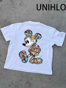 Disney UNIHLO  Street Life Men's Casual Loose  Mickey  Cartoon  Print Short Sleeve T-ShirtSummer - trắng - Xem 4