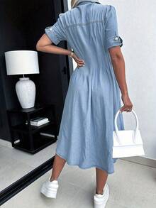 Short-Sleeved Lapel Denim Dress, Single-Breasted Design With Flip Pocket, Slim And Elastic Version, Suitable For Everyday Women's Denim Clothing. - Rửa nhẹ - Xem 2