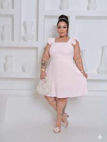 Plus Size Short Dress In Duna Fabric With Ruffled Straps And Elastic Back, Lined, Sizes GG G2 - 白色 - 查看 2