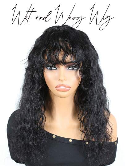 16inch Wet And Wavy Bob Wig With Bangs Virgin Human Hair Loose Deep Wave Glueless Wigs 150% Density Long Wavy None Lace Loose Body Wave Curly Wig With Bangs Natural Color For Women Easy Wear