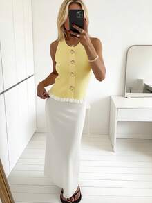 Áo khoác dệt kim nữ cài một hàng khuy bằng kim loại, kiểu dáng thường ngày, thích hợp cho kỳ nghỉ biển. - Màu vàng - Xem 10