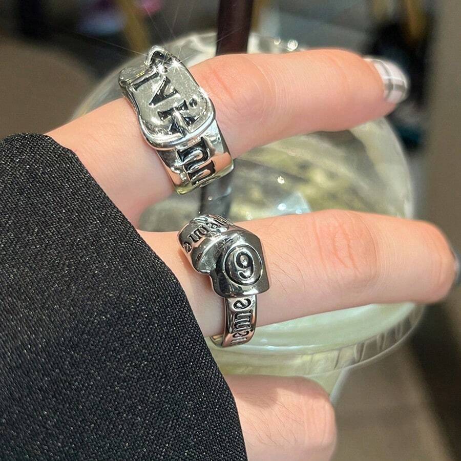 1枚时尚字母蝴蝶结叠戴金属戒指，适合作为礼物和日常佩戴 - 彩色 - 查看 1