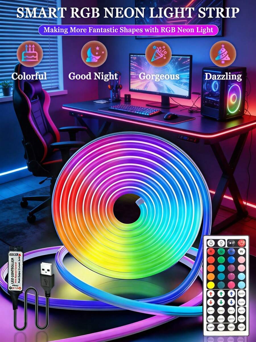 16.4ft Bedroom Decorative Light Strip, RGB LED Light Strip, 44-Key Remote Control, Neon Light, Flexible DIY Design Suitable For Bedroom, Living Room, Gaming, Party Decoration, LED Neon Light Strip, LED Light, LED Light Strip, Bedroom LED Light, 16.4ft LED Light, 44-Key Remote RGB LED Neon Light Strip, RGB Color Changing Smart Light, Bedroom LED Light, Color Changing LED Light Strip With 44-Key Remote, Home LED Light Strip, Party Decorative Light