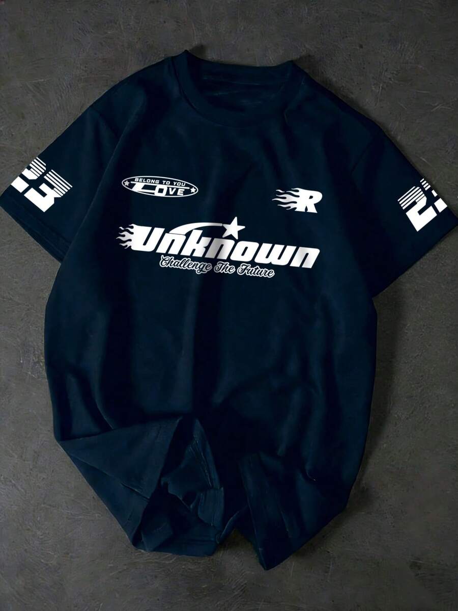 男童及青少年时尚休闲字母印花短袖T恤 - 藏蓝色 - 查看 1