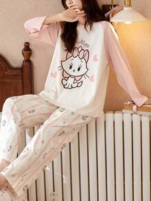 2pcs Disney Marie Cat Print Cotton Long Sleeve Pajama Set For Women, Spring/Autumn - Pink - View 4
