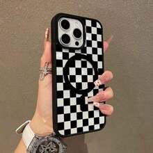 Black Checkerboard Pattern Premium Magnetic Phone Cases For Phone 17 Air 16 15 14 Pro Max 13 12 11 Plus Smartphone Shockproof Protection Acrylic Cover Cellphone Protective Magsafe Magnetic Case Aesthetic Resistance Casing Protector - Black - View 2