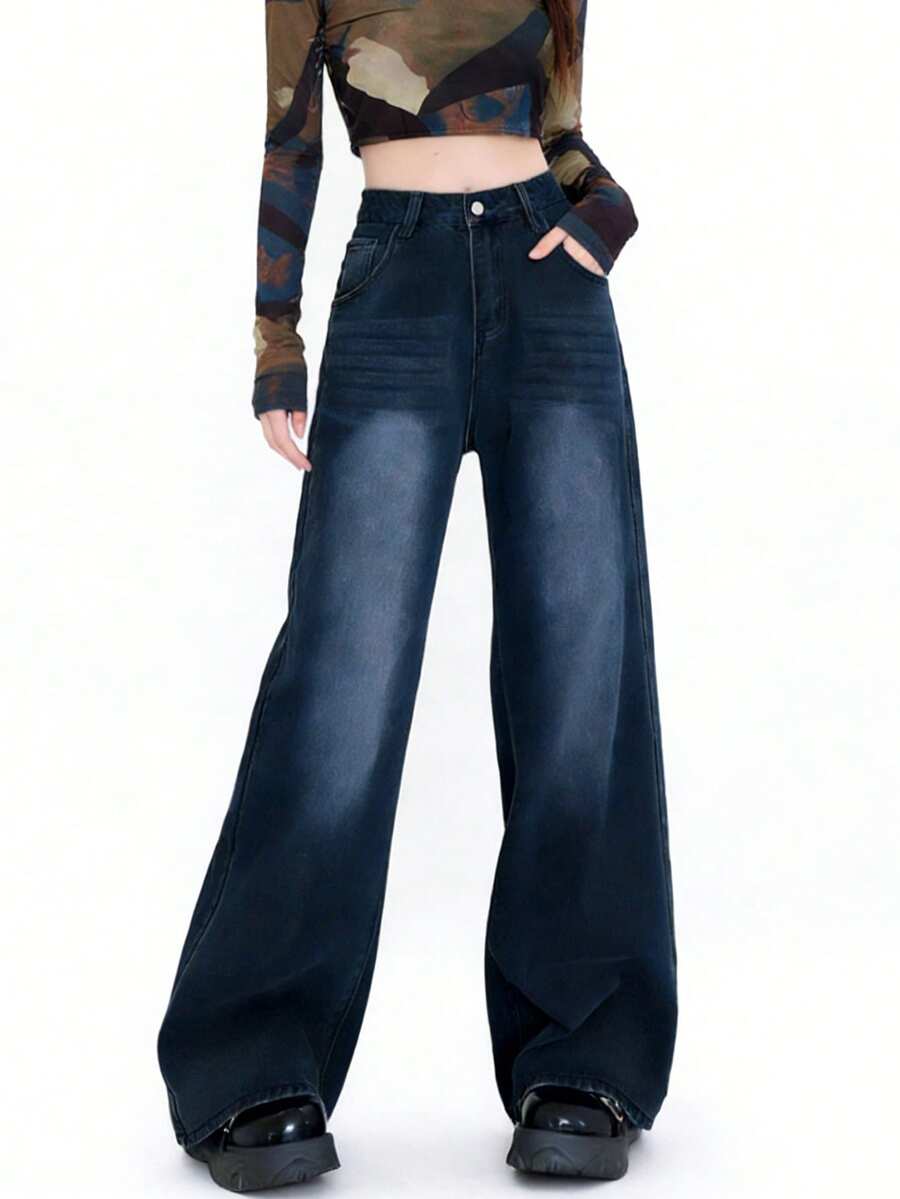 高腰复古美式修身直筒九分女式牛仔裤 - 中等水洗藍 - 查看 1