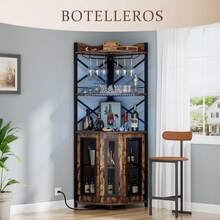 Muebles de cocina, vinoteca con luces LED, barra de bar para el hogar, con toma de corriente, botellero de cinco niveles para copas de vino, mueble de almacenaje, ideal para comedores, salas de estar y despachos - Negro - Ver 11