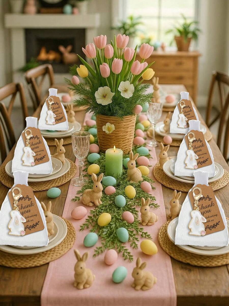 Set de 15/3 llaveros de conejo de Pascua, llaveros de conejitos lindos con tarjetas de agradecimiento y cintas de organza, regalos creativos de Pascua, recuerdos de fiesta, adecuados para Pascua, cumpleaños, fiestas festivas, regalos para invitados - Multicolor - Ver 1