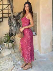 女士优雅玫瑰蕾丝吊带连衣裙，修身剪裁，侧开衩，适合海滩度假和春夏外出穿着。 - 玫紅色 - 查看 4