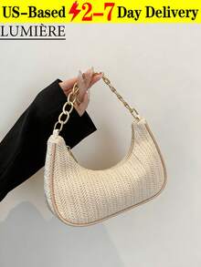 Fashionable Solid Color Woven Moon Shaped Women's Bag With Metal Chain Strap. Can Be Used As A Handbag, Shoulder Bag, Tote, Beach Bag, Or Casual Cell Phone Bag. A True Summer Essential & Travel Must-Have, Perfect For Vacation, Holiday, And Daily Use. Also Makes A Wonderfully Versatile And Stylish Gift For Valentine's Day Or Birthdays - 彩色 - 查看 12