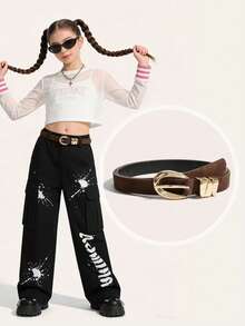 1件波西米亚风奶牛纹金色环扣腰带，时尚麂皮青铜扣儿童腰带，适合搭配连衣裙、裤子，日常穿着，派对，街头，校园，音乐节等场合。 - 咖啡棕 - 查看 6