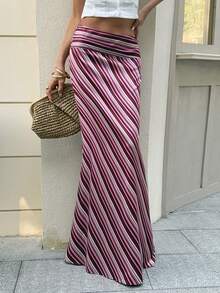 条纹半身裙，腰部设计，缎面垂褶，复古法式风格显瘦半身裙，适合度假、海滩和夏季日常穿着。 - 彩色 - 查看 4