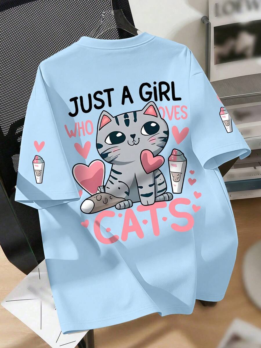 Kaos Lengan Pendek Leher Bulat Motif Kartun Kucing & Hati untuk Remaja Perempuan, Atasan Kasual Lembut untuk Musim Panas - Baby Blue - View 1