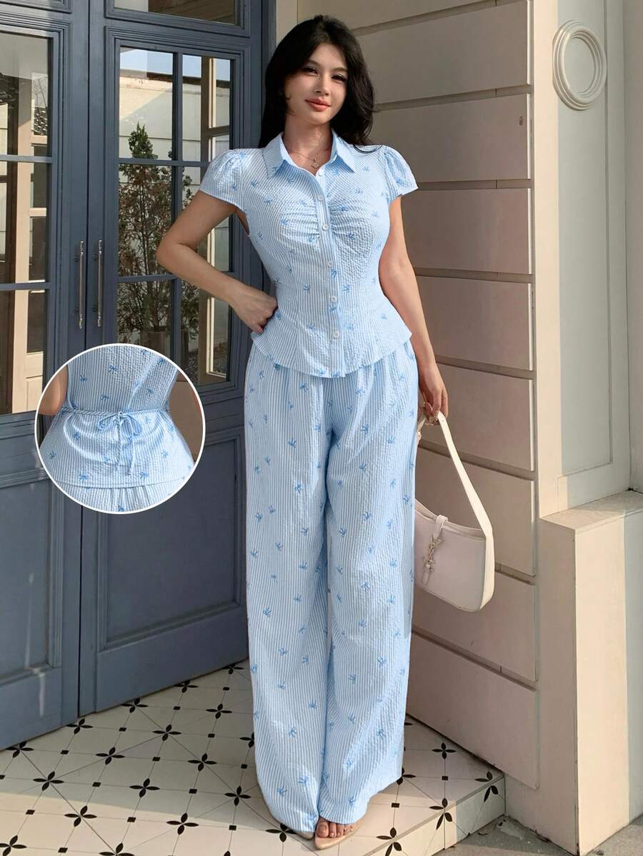 abyoxi 女士浅蓝色条纹蝴蝶结荷叶边前开襟宽松阔腿裤两件套，优雅甜美，休闲百搭，适合工作、日常穿着、约会、情人节等场合，修身上衣搭配长裤，春夏必备单品 - 淺藍色 - 查看 1