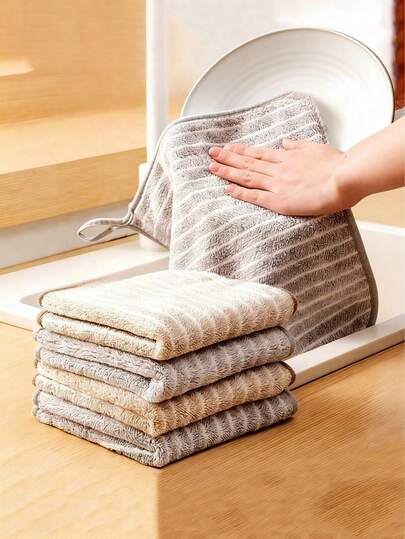10/5pcs Random Color Striped Highly Absorbent Cleaning Cloth - Fast Drying Kitchen Towel, Non Stick Cleaning Cloth, Durable Polyester Material, Suitable For Bathroom, Kitchen, Laundry Room - Space Saving Stacking Design, Essential Dishcloths For Kitchen And Bathroom, Dishwashing Cloth, Soft Fabric, High Quality Material, Suitable For Living Room, Bedroom, And Busy Families, Kitchen Cleaning Supplies, Gifts For Family