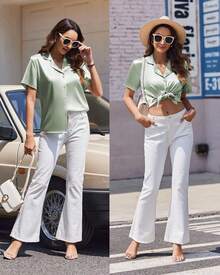 Womens Satin Pajamas Set Button Down 2 Piece Silk Pjs Shorts Set Ruffle Lingerie Notch Collar Sleepwear - Light Green - View 6
